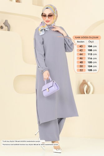 moda selvim Apolet Düğmeli Tesettür Takım 371DVL817 Gri - Thumbnail
