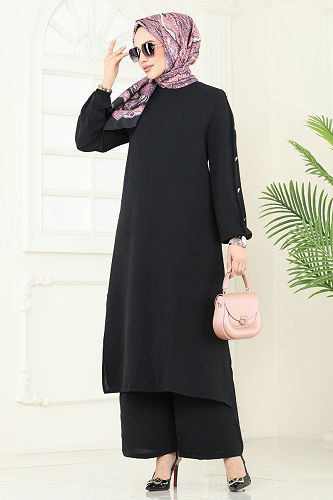 moda selvim Apolet Düğmeli Tesettür Takım 371DVL817 Siyah - Thumbnail