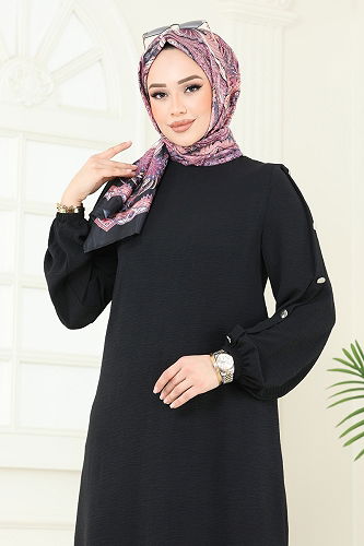 moda selvim Apolet Düğmeli Tesettür Takım 371DVL817 Siyah - Thumbnail