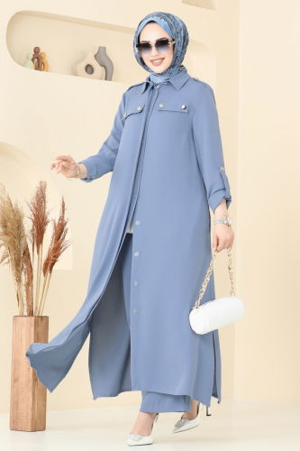moda selvim Apolet Düğmeli Tesettür Takım 2632SL432 Bebe Mavisi - Thumbnail