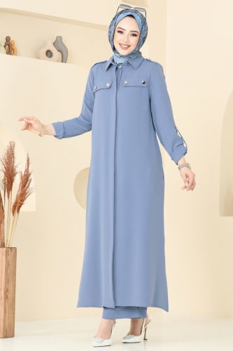 moda selvim Apolet Düğmeli Tesettür Takım 2632SL432 Bebe Mavisi - Thumbnail