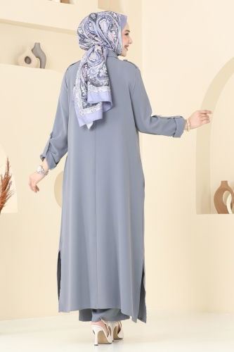moda selvim Apolet Düğmeli Tesettür Takım 2632SL432 Gri - Thumbnail