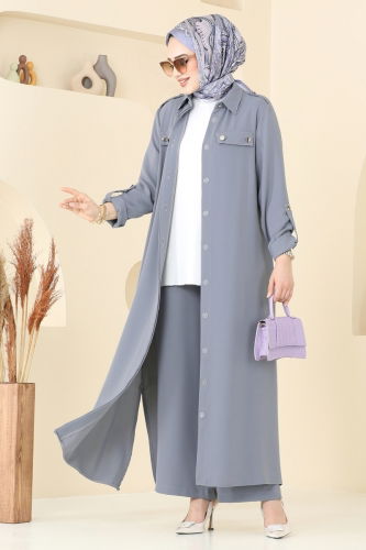 moda selvim Apolet Düğmeli Tesettür Takım 2632SL432 Gri - Thumbnail