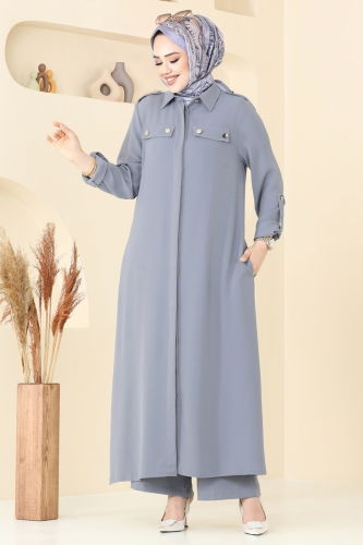 moda selvim Apolet Düğmeli Tesettür Takım 2632SL432 Gri - Thumbnail