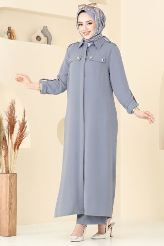 moda selvim Apolet Düğmeli Tesettür Takım 2632SL432 Gri - Thumbnail