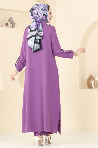 moda selvim Apolet Düğmeli Tesettür Takım 2632SL432 Koyu Lila - Thumbnail