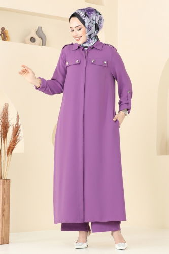 moda selvim Apolet Düğmeli Tesettür Takım 2632SL432 Koyu Lila - Thumbnail