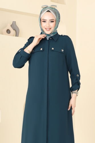 moda selvim Apolet Düğmeli Tesettür Takım 2632SL432 Petrol - Thumbnail