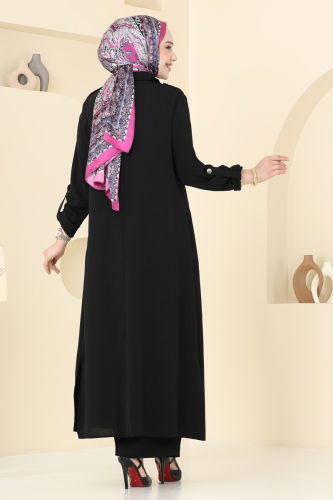 moda selvim Apolet Düğmeli Tesettür Takım 2632SL432 Siyah - Thumbnail