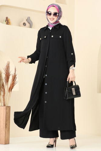 moda selvim Apolet Düğmeli Tesettür Takım 2632SL432 Siyah - Thumbnail