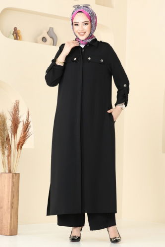 moda selvim Apolet Düğmeli Tesettür Takım 2632SL432 Siyah - Thumbnail