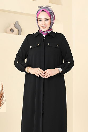 moda selvim Apolet Düğmeli Tesettür Takım 2632SL432 Siyah - Thumbnail
