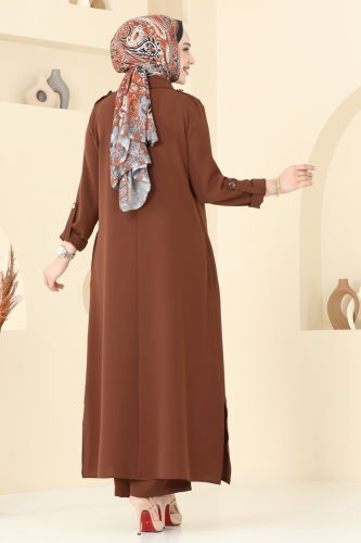 moda selvim Apolet Düğmeli Tesettür Takım 2632SL432 Taba - Thumbnail