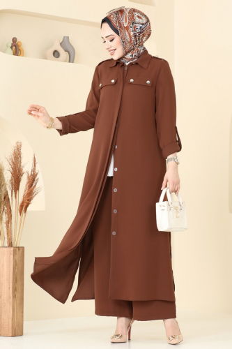 moda selvim Apolet Düğmeli Tesettür Takım 2632SL432 Taba - Thumbnail
