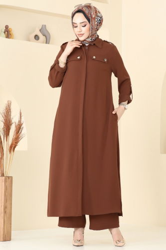 moda selvim Apolet Düğmeli Tesettür Takım 2632SL432 Taba - Thumbnail