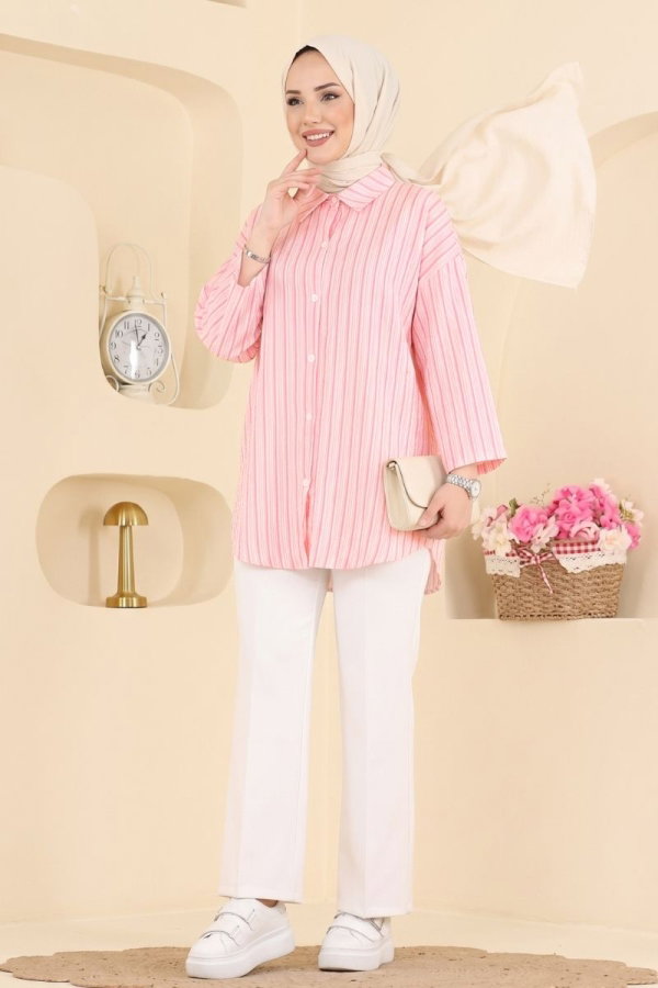 Modaselvim Bluz ve Gömlek Apoletli Çizgili Gömlek 184NZRK1200 Pembe