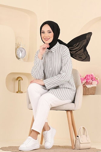 moda selvim Apoletli Çizgili Gömlek 184NZRK1200 Siyah - Thumbnail