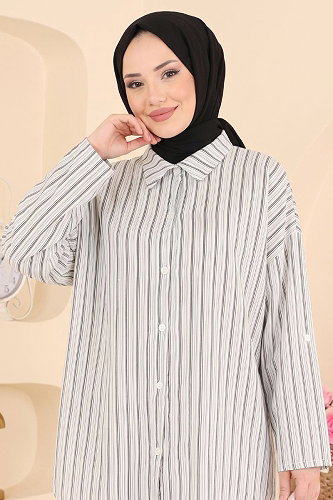 moda selvim Apoletli Çizgili Gömlek 184NZRK1200 Siyah - Thumbnail