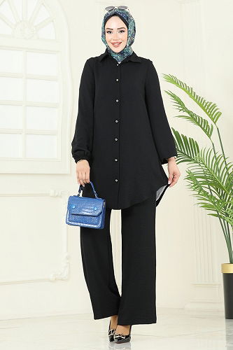 moda selvim Arkadan Fermuarlı Tesettür Takım 2717SL432 Siyah - Thumbnail