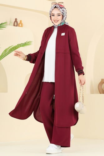 moda selvim Arma Detay İkili Takım 424DVL817 Bordo - Thumbnail