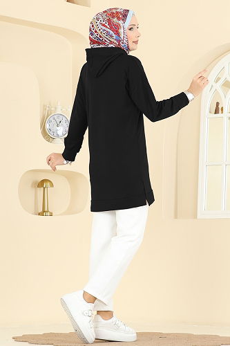 moda selvim Arma Detay Kapüşonlu Tunik 1000ETT926 Siyah - Thumbnail