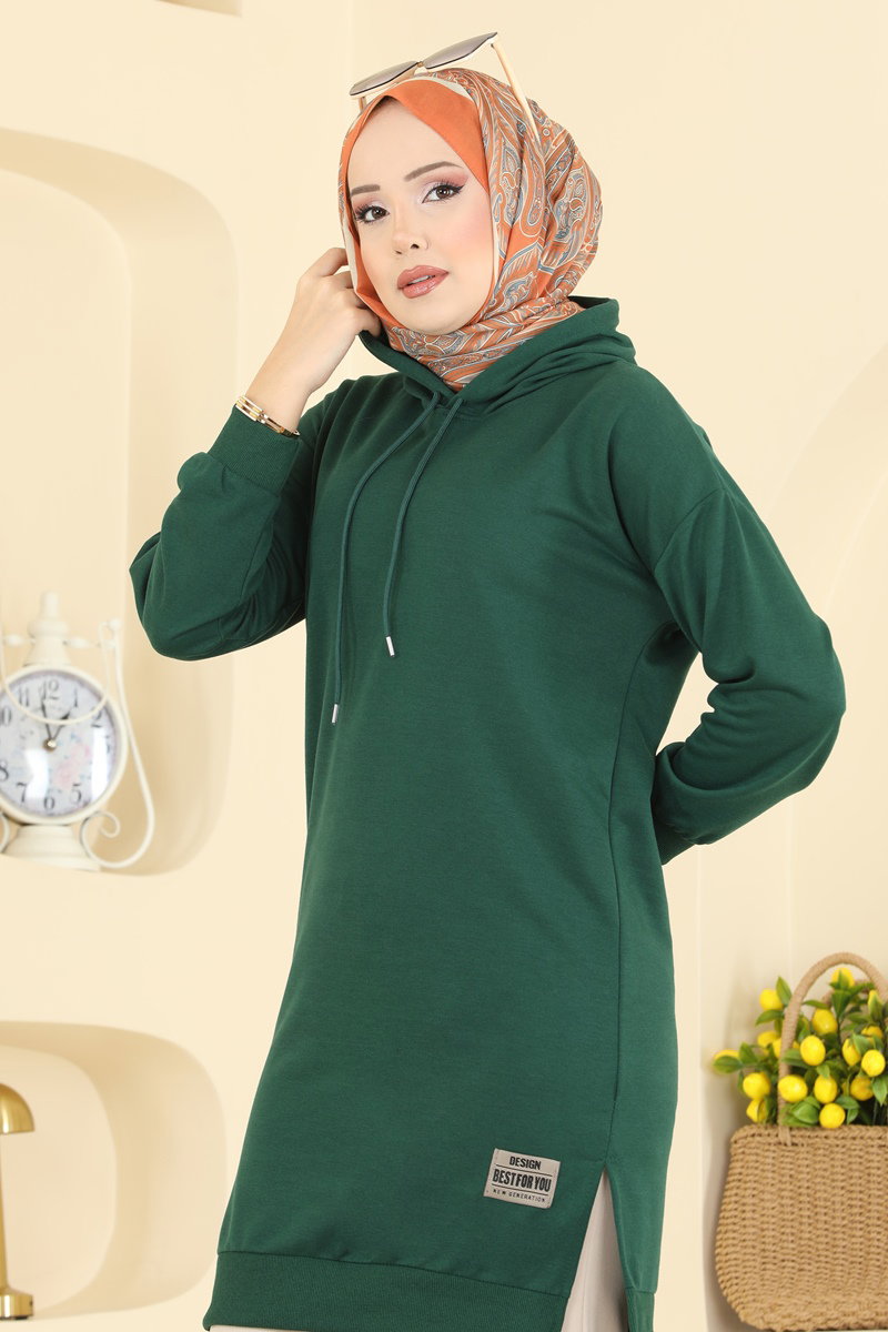 Arma Detay Kapüşonlu Tunik 1000ETT926 Zümrüt