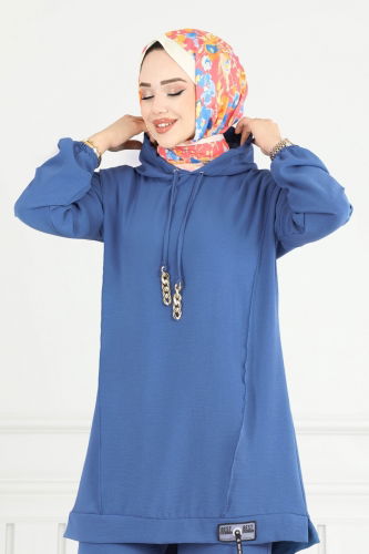 moda selvim Arma Detay Tesettür Takım 6014UZ662 İndigo - Thumbnail