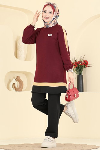 moda selvim Arma Detaylı 2 li Takım 2031FON792 Bordo&Siyah - Thumbnail