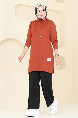 moda selvim Arma Detaylı Kapşonlu Takım 299DVL817 Kiremit&Siyah - Thumbnail