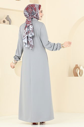 moda selvim Arma Detaylı Pardesü Ferace PL9129 Gri - Thumbnail