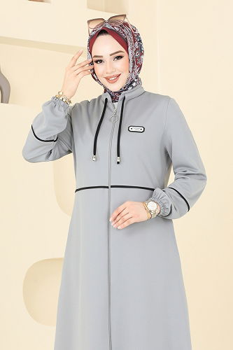 moda selvim Arma Detaylı Pardesü Ferace PL9129 Gri - Thumbnail