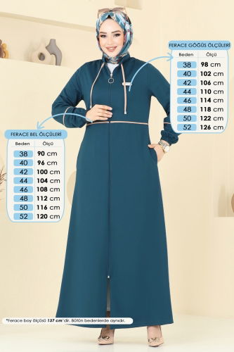 moda selvim Arma Detaylı Pardesü Ferace PL9129 Petrol - Thumbnail