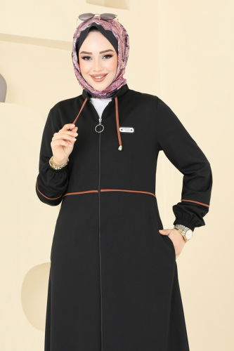 moda selvim Arma Detaylı Pardesü Ferace PL9129 Siyah - Thumbnail