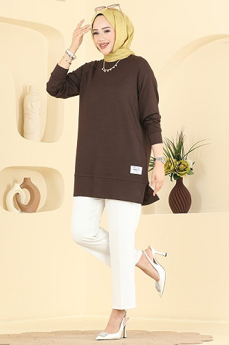 moda selvim Arma Detaylı Rahat Tunik 4535NFC1010 Acı Kahve - Thumbnail