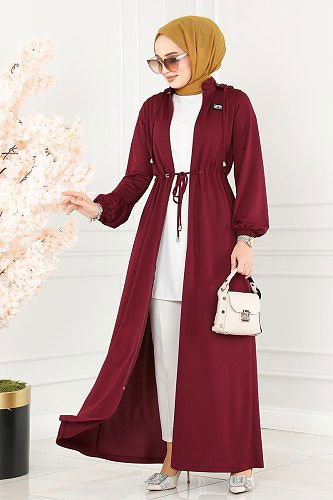 moda selvim Arma Detaylı Tesettür Ferace 202YNS793 Bordo - Thumbnail