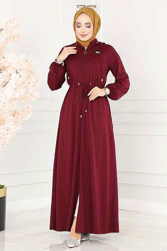 moda selvim Arma Detaylı Tesettür Ferace 202YNS793 Bordo - Thumbnail