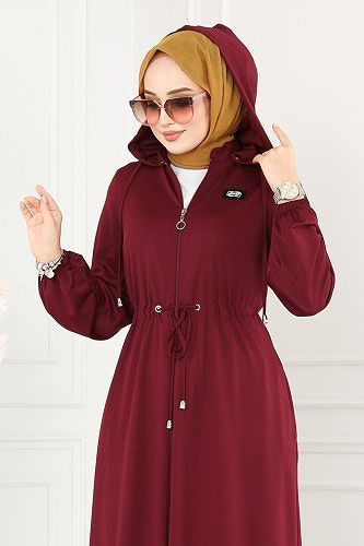 moda selvim Arma Detaylı Tesettür Ferace 202YNS793 Bordo - Thumbnail