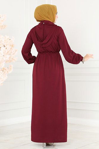 moda selvim Arma Detaylı Tesettür Ferace 202YNS793 Bordo - Thumbnail