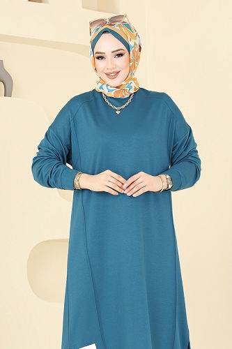 moda selvim Arma Detaylı Tesettür Tunik 2697AYD574 Petrol - Thumbnail
