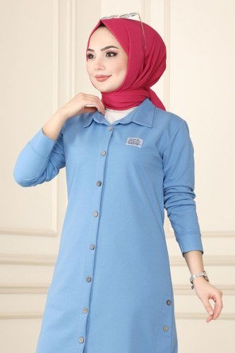 moda selvim Arma Detaylı Tesettür Tunik 7886AYD574 Mavi - Thumbnail