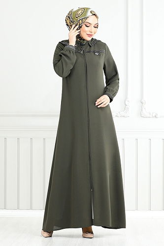 moda selvim Armalı Detay Ferace 1013ESL1097-M Haki - Thumbnail