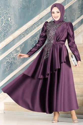 moda selvim Asil Saten Midi Abiye 6464YG95 Mürdüm - Thumbnail