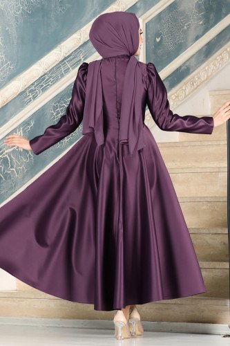 moda selvim Asil Saten Midi Abiye 6464YG95 Mürdüm - Thumbnail