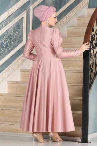 moda selvim Asil Saten Midi Abiye 6464YG95 Pudra - Thumbnail