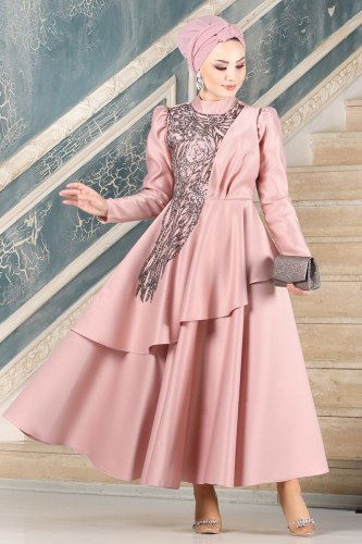 Y.G.S - Asil Saten Midi Abiye 6464YG95 Pudra