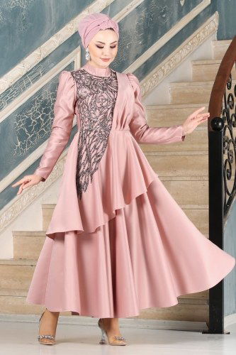 moda selvim Asil Saten Midi Abiye 6464YG95 Pudra - Thumbnail