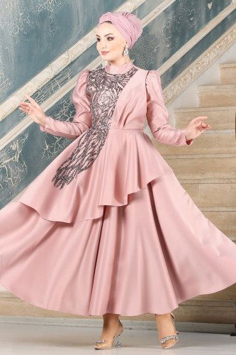 moda selvim Asil Saten Midi Abiye 6464YG95 Pudra - Thumbnail
