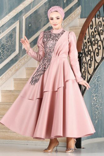 moda selvim Asil Saten Midi Abiye 6464YG95 Pudra - Thumbnail