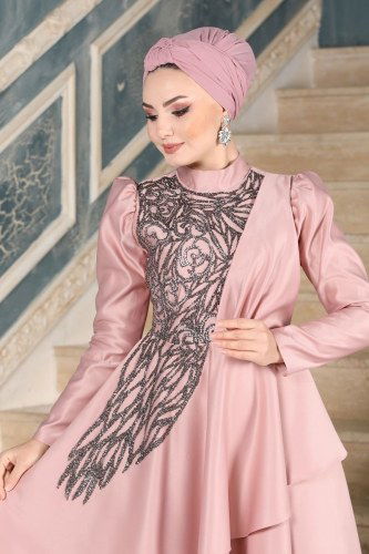 moda selvim Asil Saten Midi Abiye 6464YG95 Pudra - Thumbnail
