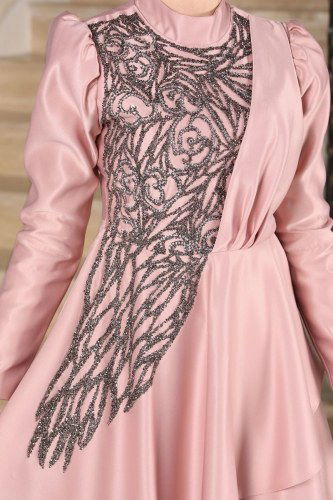 moda selvim Asil Saten Midi Abiye 6464YG95 Pudra - Thumbnail